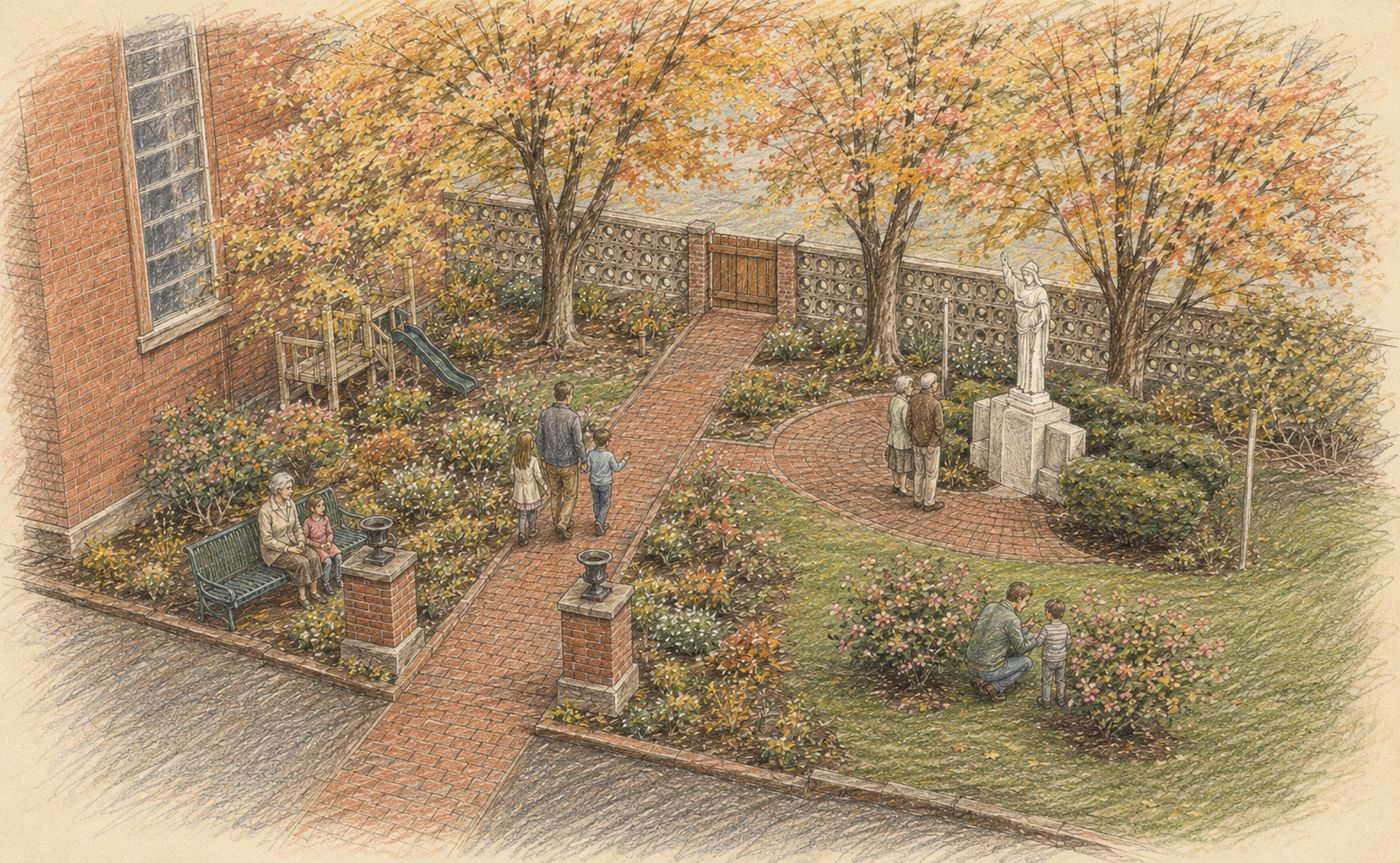 Pastel architectural concept of the St. Stephen Memorial Garden: a narrow red-brick walk, a brick apron around the statue, fall-colored trees, and parish families with children and older adults